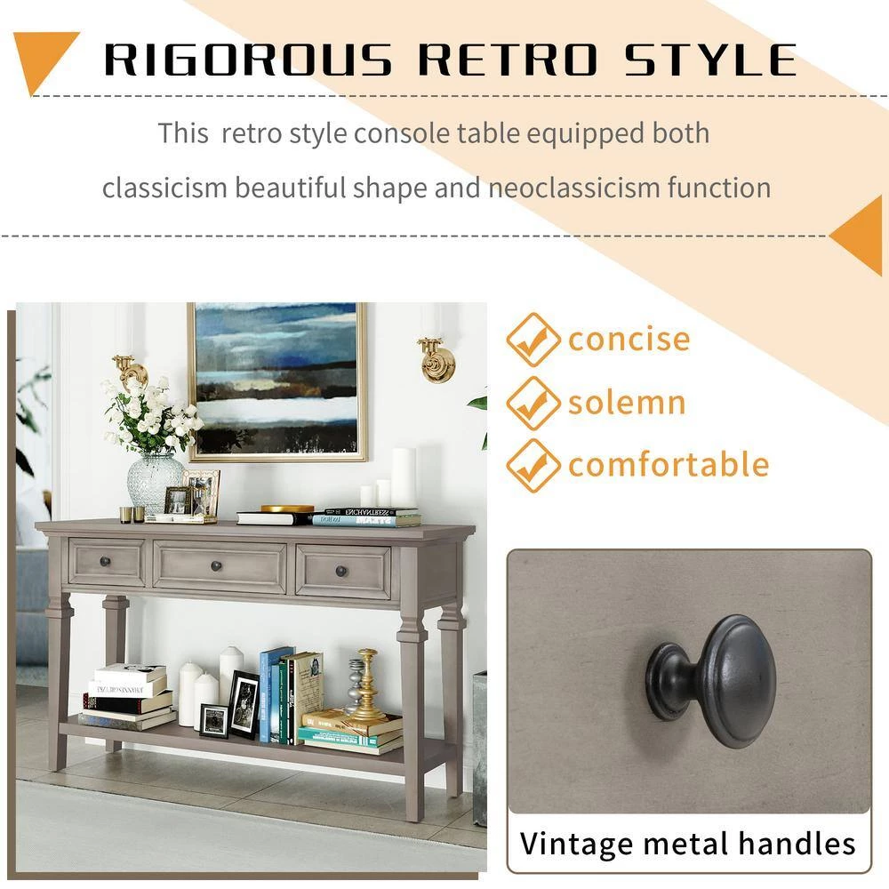 50 in. L x 15 in. D x 30 in. H Retro Style Console Table with 3 Top Drawers & Open Bottom Shelf, Easy Assembly (Gray) by Aoibox 3 50 in. L x 15 in. D x 30 in. H Retro Style Console Table with 3 Top Drawers & Open Bottom Shelf, Easy Assembly (Gray) by Aoibox - Image 3