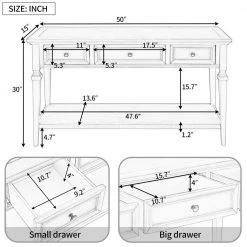 50 in. L x 15 in. D x 30 in. H Retro Style Console Table with 3 Top Drawers & Open Bottom Shelf, Easy Assembly (Gray) by Aoibox 26 50 in. L x 15 in. D x 30 in. H Retro Style Console Table with 3 Top Drawers & Open Bottom Shelf, Easy Assembly (Gray) by Aoibox -Homepop Sales gray aoibox console tables snmx2950g 76 1000