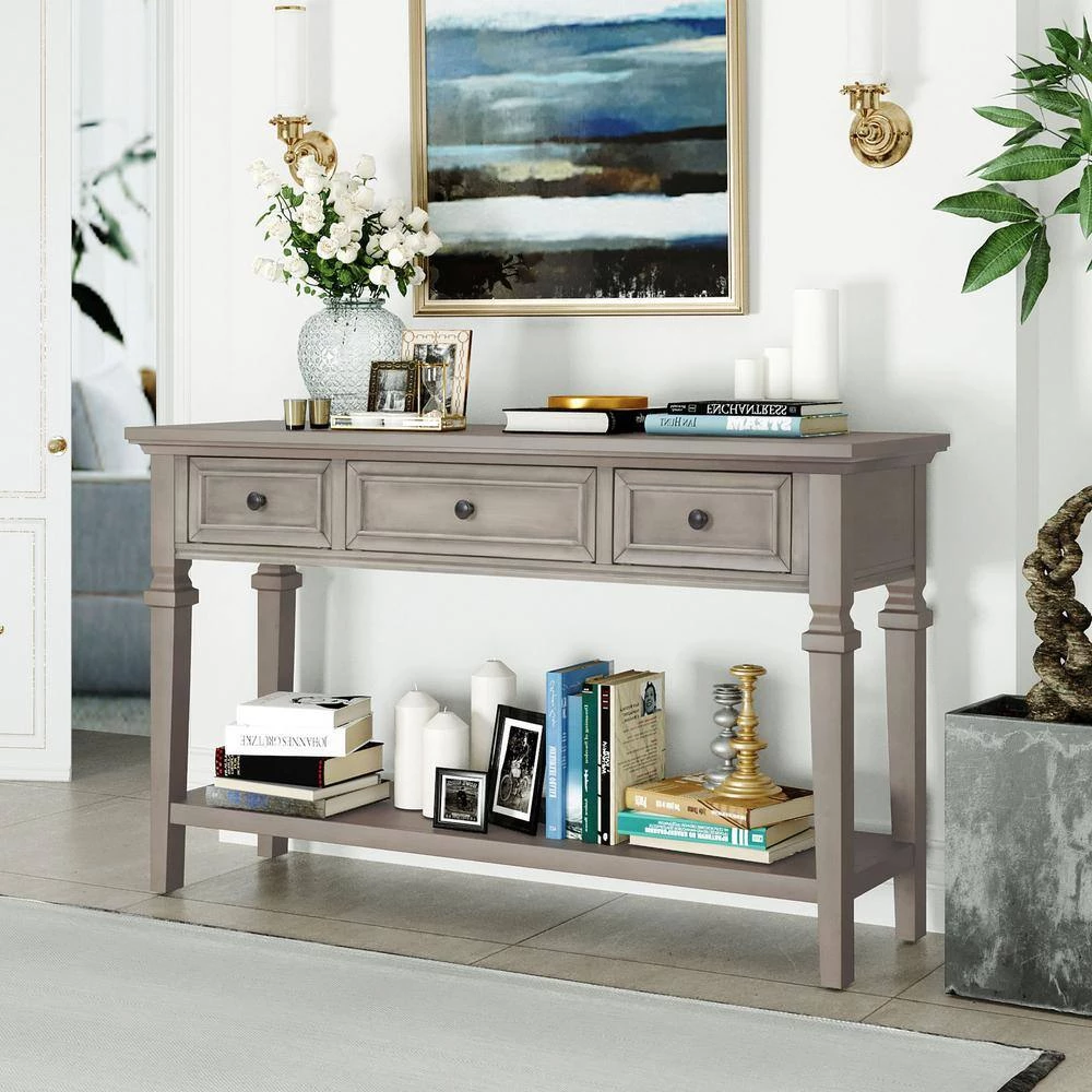 50 in. L x 15 in. D x 30 in. H Retro Style Console Table with 3 Top Drawers & Open Bottom Shelf, Easy Assembly (Gray) by Aoibox 2 50 in. L x 15 in. D x 30 in. H Retro Style Console Table with 3 Top Drawers & Open Bottom Shelf, Easy Assembly (Gray) by Aoibox - Image 2