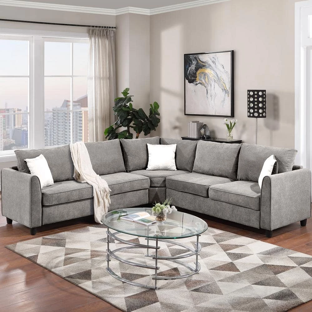 100 in. W Fabric Sectional Sofa Couch L-Shaped Couch for Home Use with 3 Pillows Included, Gray by Aoibox 2 100 in. W Fabric Sectional Sofa Couch L-Shaped Couch for Home Use with 3 Pillows Included, Gray by Aoibox - Image 2