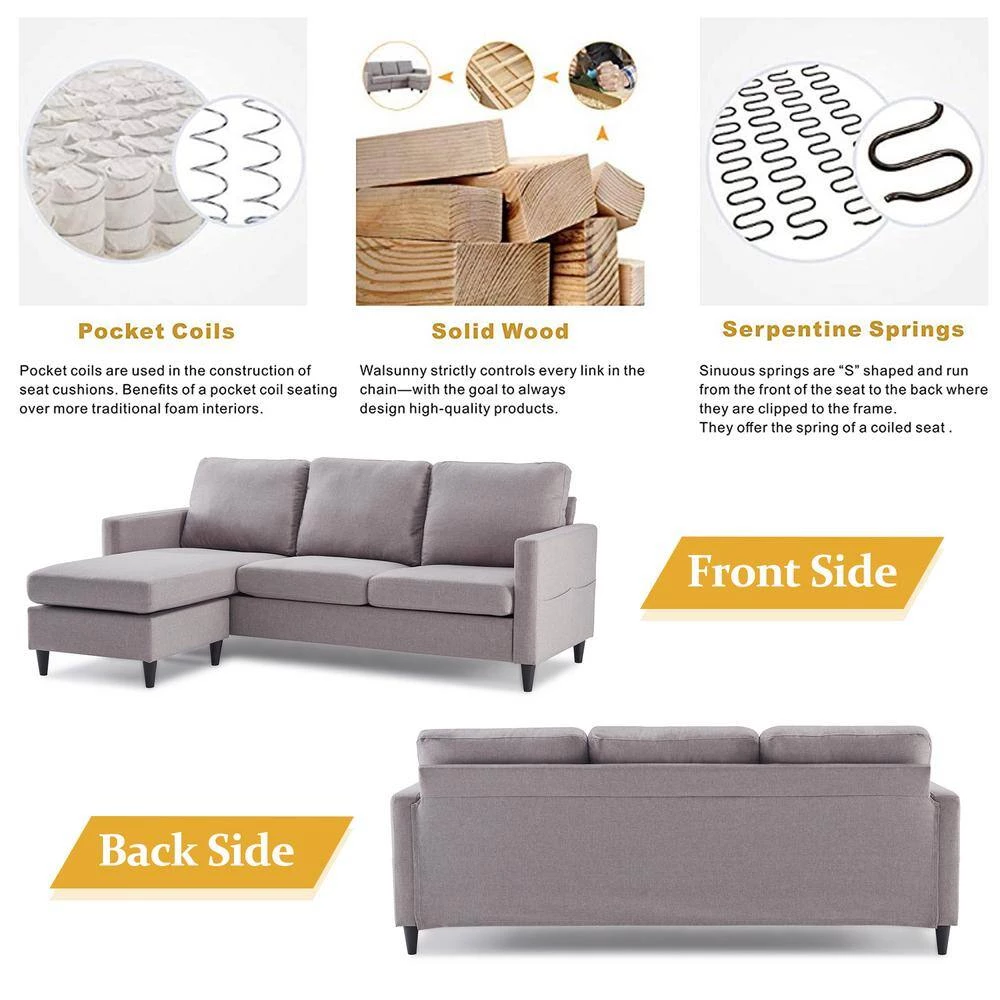 82.6 in. W Gray Straight Arm 2-Piece Linen L-shape Reversible Sectional Sofa with Handy Side Pocket in Black Family by Aoibox 8 82.6 in. W Gray Straight Arm 2-Piece Linen L-shape Reversible Sectional Sofa with Handy Side Pocket in Black Family by Aoibox - Image 8