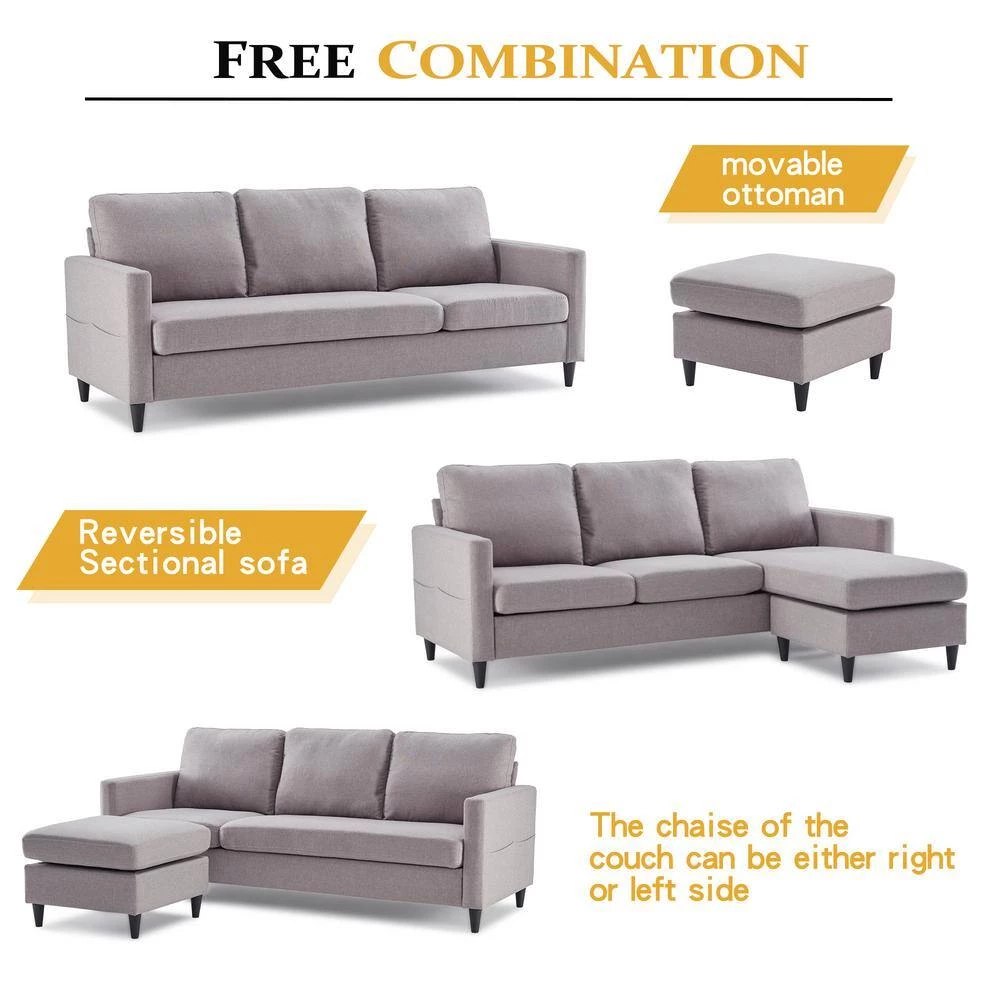 82.6 in. W Gray Straight Arm 2-Piece Linen L-shape Reversible Sectional Sofa with Handy Side Pocket in Black Family by Aoibox 9 82.6 in. W Gray Straight Arm 2-Piece Linen L-shape Reversible Sectional Sofa with Handy Side Pocket in Black Family by Aoibox - Image 9