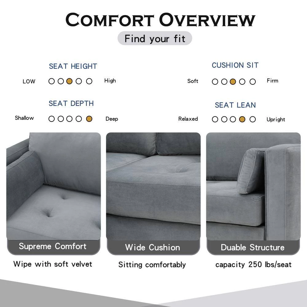 55"W Gray Straight Arm 2-Piece Elegant Velvet L-Shape Upholstered Modern Sectional Sofa with Two Pillows in Gold Family by Aoibox 7 55"W Gray Straight Arm 2-Piece Elegant Velvet L-Shape Upholstered Modern Sectional Sofa with Two Pillows in Gold Family by Aoibox - Image 7