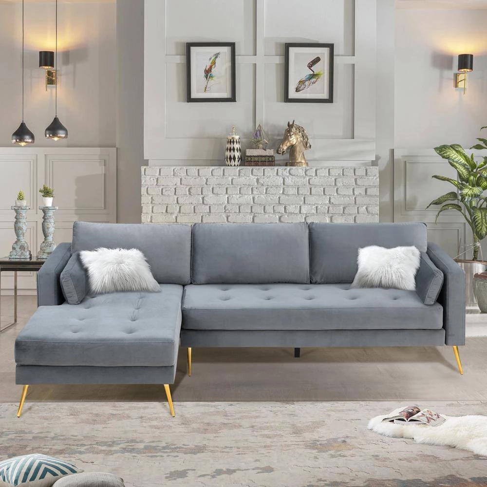 55"W Gray Straight Arm 2-Piece Elegant Velvet L-Shape Upholstered Modern Sectional Sofa with Two Pillows in Gold Family by Aoibox 12 55"W Gray Straight Arm 2-Piece Elegant Velvet L-Shape Upholstered Modern Sectional Sofa with Two Pillows in Gold Family by Aoibox - Image 12
