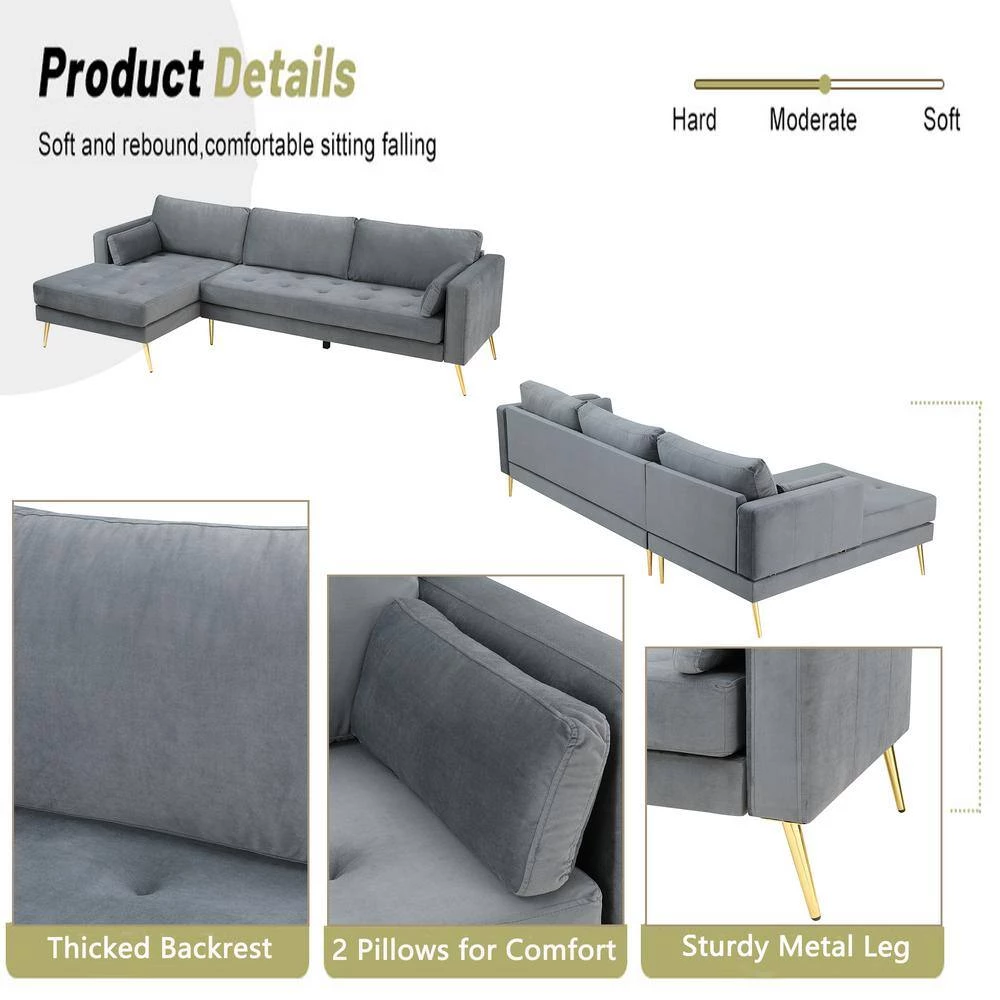 55"W Gray Straight Arm 2-Piece Elegant Velvet L-Shape Upholstered Modern Sectional Sofa with Two Pillows in Gold Family by Aoibox 6 55"W Gray Straight Arm 2-Piece Elegant Velvet L-Shape Upholstered Modern Sectional Sofa with Two Pillows in Gold Family by Aoibox - Image 6