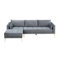 55"W Gray Straight Arm 2-Piece Elegant Velvet L-Shape Upholstered Modern Sectional Sofa with Two Pillows in Gold Family by Aoibox