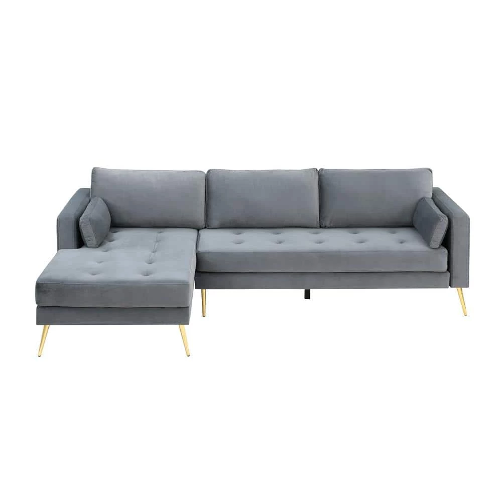55"W Gray Straight Arm 2-Piece Elegant Velvet L-Shape Upholstered Modern Sectional Sofa with Two Pillows in Gold Family by Aoibox 1 55"W Gray Straight Arm 2-Piece Elegant Velvet L-Shape Upholstered Modern Sectional Sofa with Two Pillows in Gold Family by Aoibox