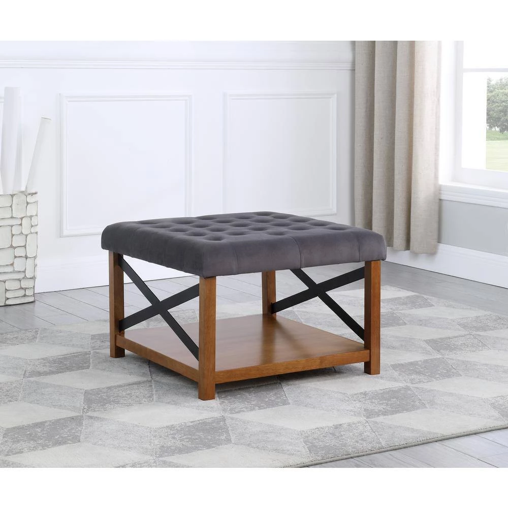 Gray Tufted Ottoman with Black Metal and Honey Oak Wood Legs with Storage 20 in. H x 30 in. W x 30 in. D by Homepop 10 Gray Tufted Ottoman with Black Metal and Honey Oak Wood Legs with Storage 20 in. H x 30 in. W x 30 in. D by Homepop - Image 10