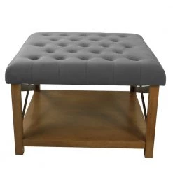 Gray Tufted Ottoman with Black Metal and Honey Oak Wood Legs with Storage 20 in. H x 30 in. W x 30 in. D by Homepop