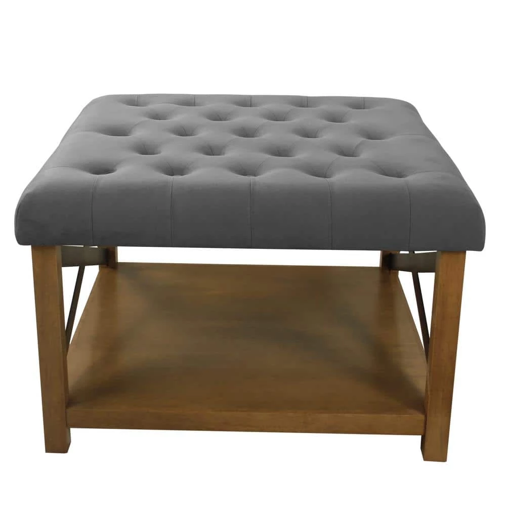 Gray Tufted Ottoman with Black Metal and Honey Oak Wood Legs with Storage 20 in. H x 30 in. W x 30 in. D by Homepop 1 Gray Tufted Ottoman with Black Metal and Honey Oak Wood Legs with Storage 20 in. H x 30 in. W x 30 in. D by Homepop