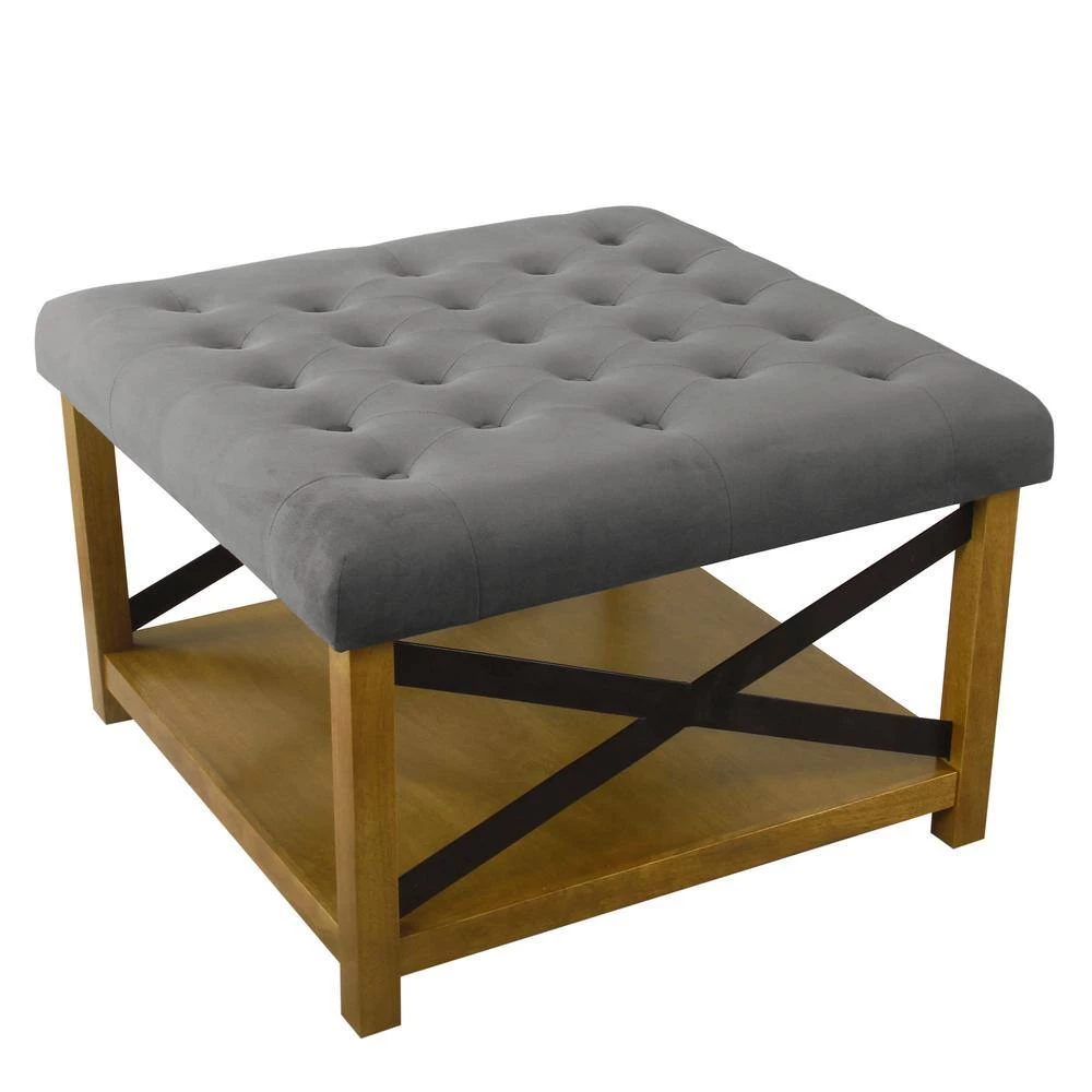 Gray Tufted Ottoman with Black Metal and Honey Oak Wood Legs with Storage 20 in. H x 30 in. W x 30 in. D by Homepop 4 Gray Tufted Ottoman with Black Metal and Honey Oak Wood Legs with Storage 20 in. H x 30 in. W x 30 in. D by Homepop - Image 4