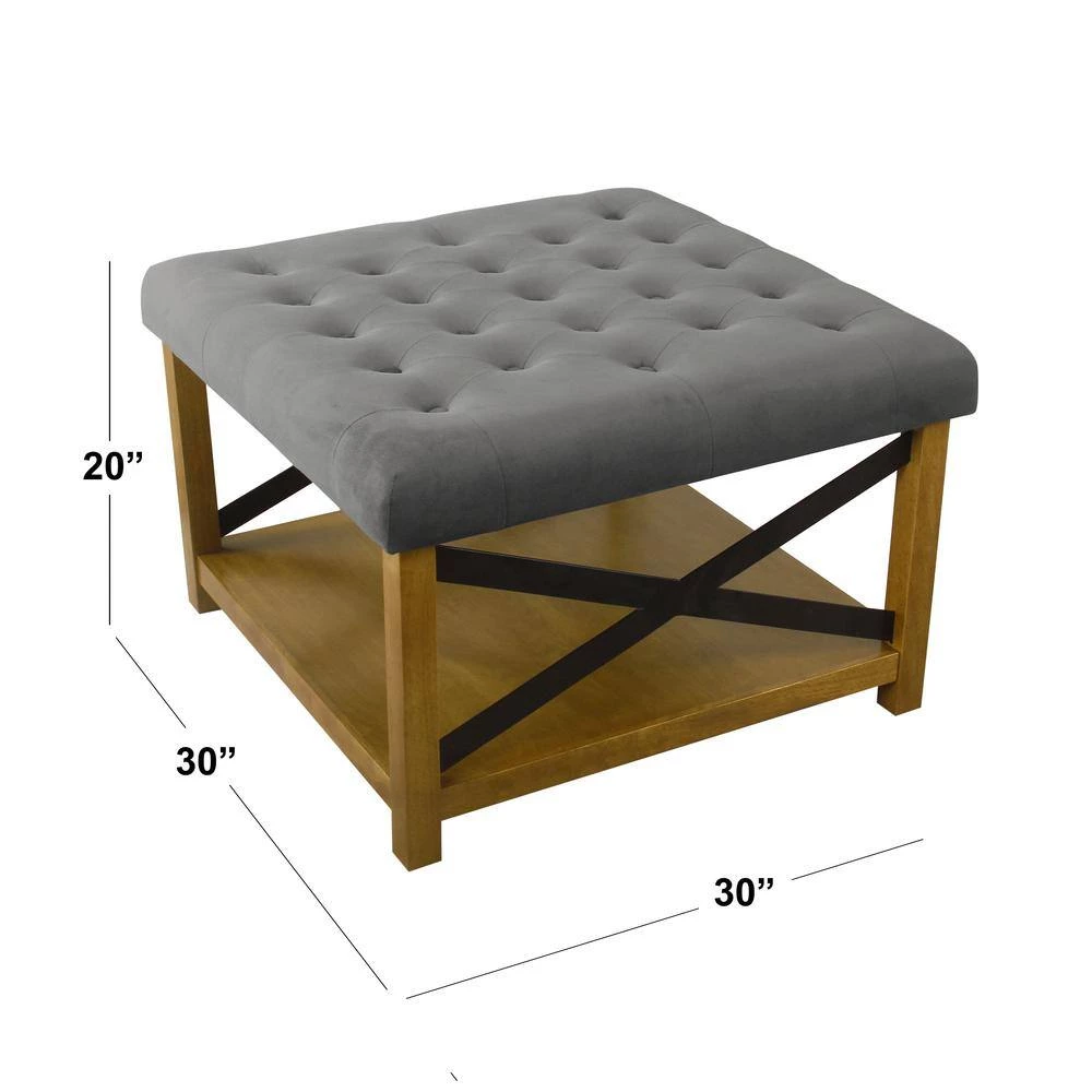 Gray Tufted Ottoman with Black Metal and Honey Oak Wood Legs with Storage 20 in. H x 30 in. W x 30 in. D by Homepop 2 Gray Tufted Ottoman with Black Metal and Honey Oak Wood Legs with Storage 20 in. H x 30 in. W x 30 in. D by Homepop - Image 2