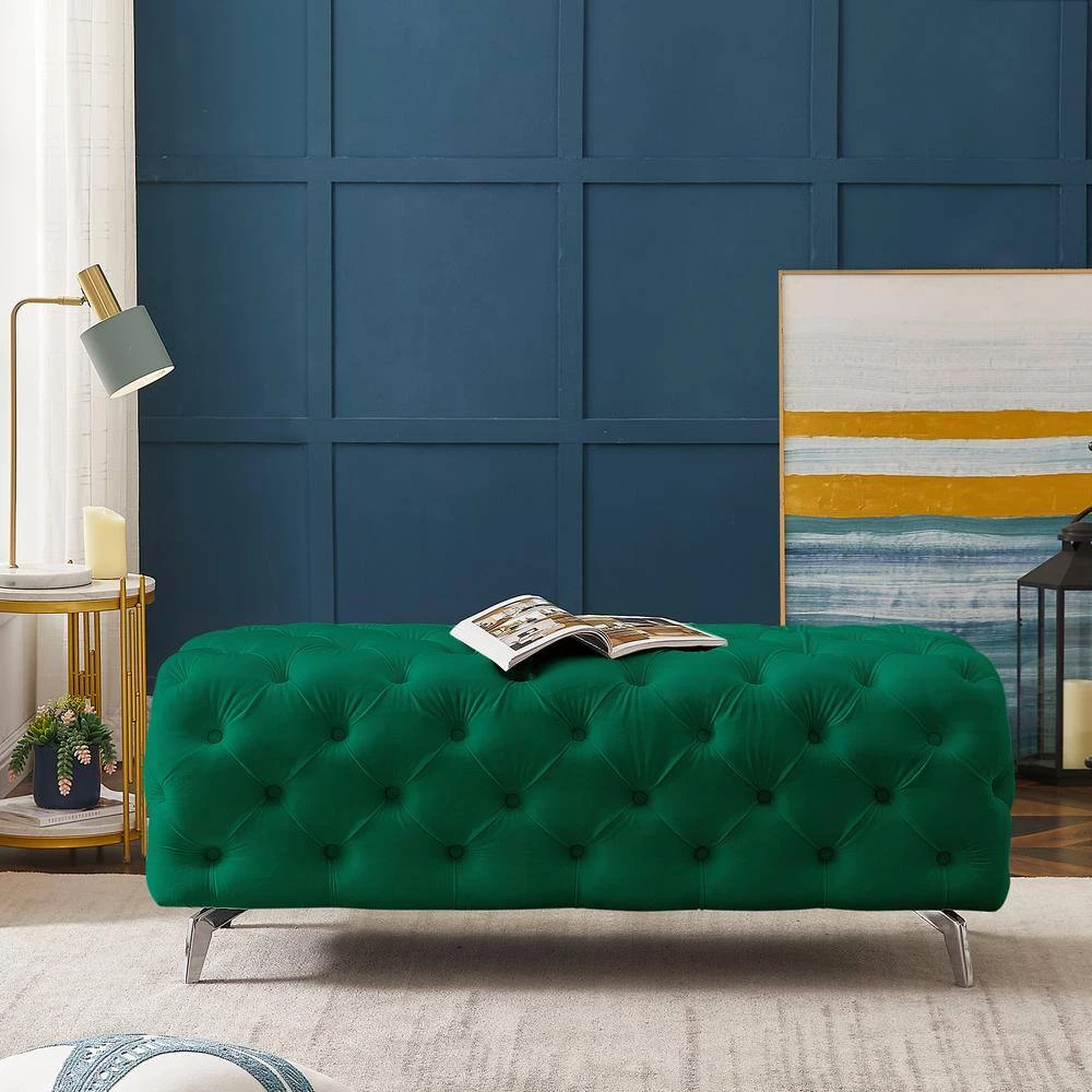 51.18 in. W x 18.89 in. H x 19.68 D Green Velvet Button-Tufted Upholstered Solid Wood Bench with Chrome Legs by Aoibox 2 51.18 in. W x 18.89 in. H x 19.68 D Green Velvet Button-Tufted Upholstered Solid Wood Bench with Chrome Legs by Aoibox - Image 2