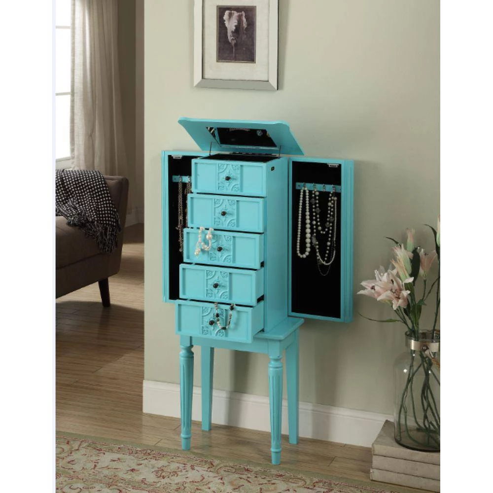 40in. X 16in. X 10in. Wood Jewelry Armoire in Light Blue with Mirror and Drawers, Side Doors with Hooks and Velvet Lined by Aoibox 6 40in. X 16in. X 10in. Wood Jewelry Armoire in Light Blue with Mirror and Drawers, Side Doors with Hooks and Velvet Lined by Aoibox - Image 6