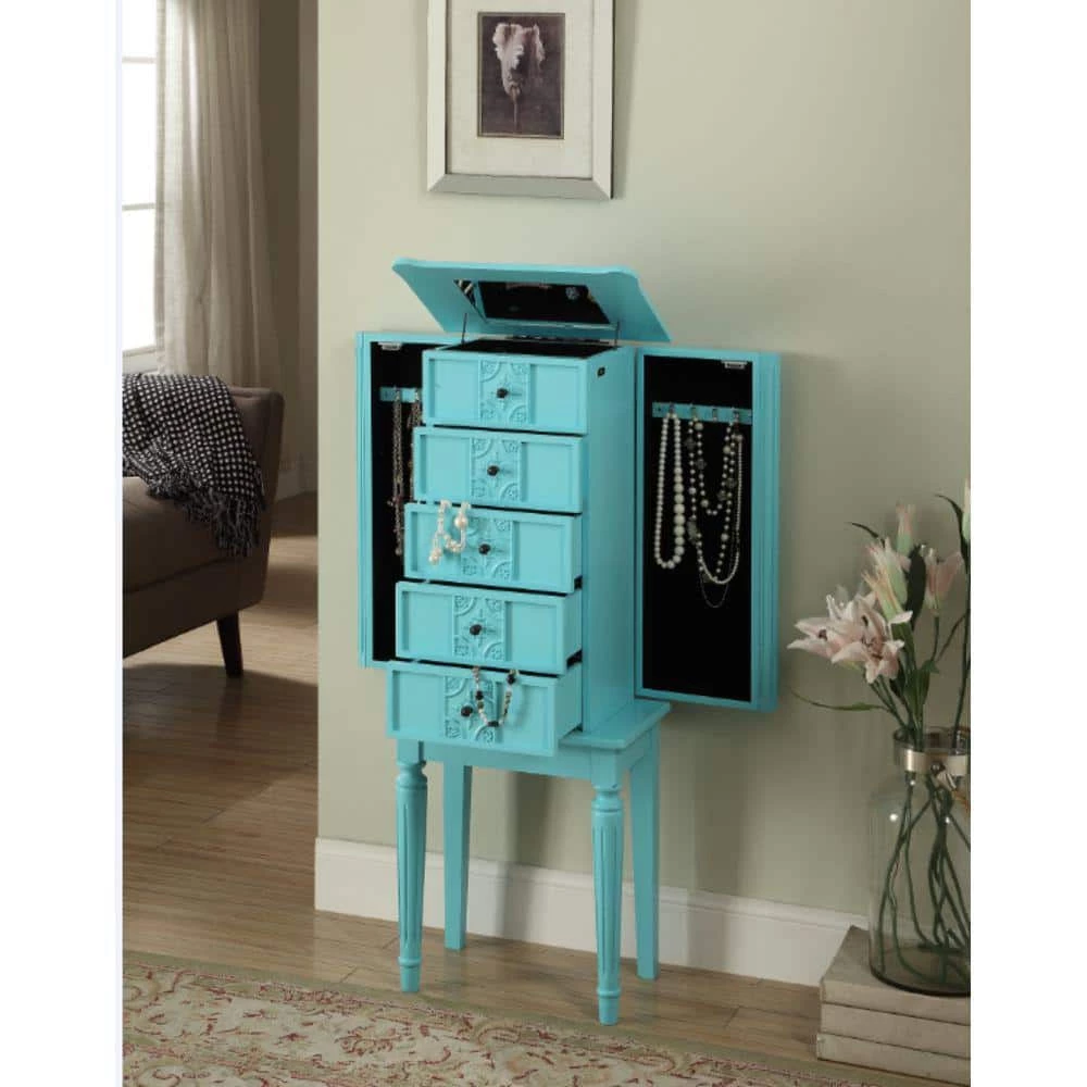 40in. X 16in. X 10in. Wood Jewelry Armoire in Light Blue with Mirror and Drawers, Side Doors with Hooks and Velvet Lined by Aoibox 1 40in. X 16in. X 10in. Wood Jewelry Armoire in Light Blue with Mirror and Drawers, Side Doors with Hooks and Velvet Lined by Aoibox