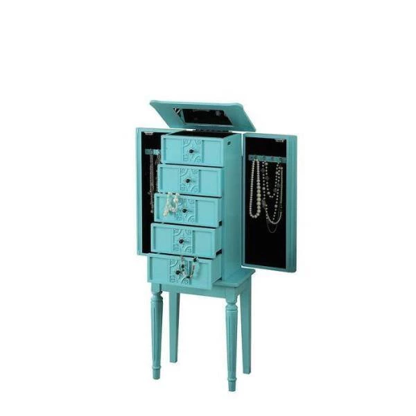 40in. X 16in. X 10in. Wood Jewelry Armoire in Light Blue with Mirror and Drawers, Side Doors with Hooks and Velvet Lined by Aoibox 2 40in. X 16in. X 10in. Wood Jewelry Armoire in Light Blue with Mirror and Drawers, Side Doors with Hooks and Velvet Lined by Aoibox - Image 2