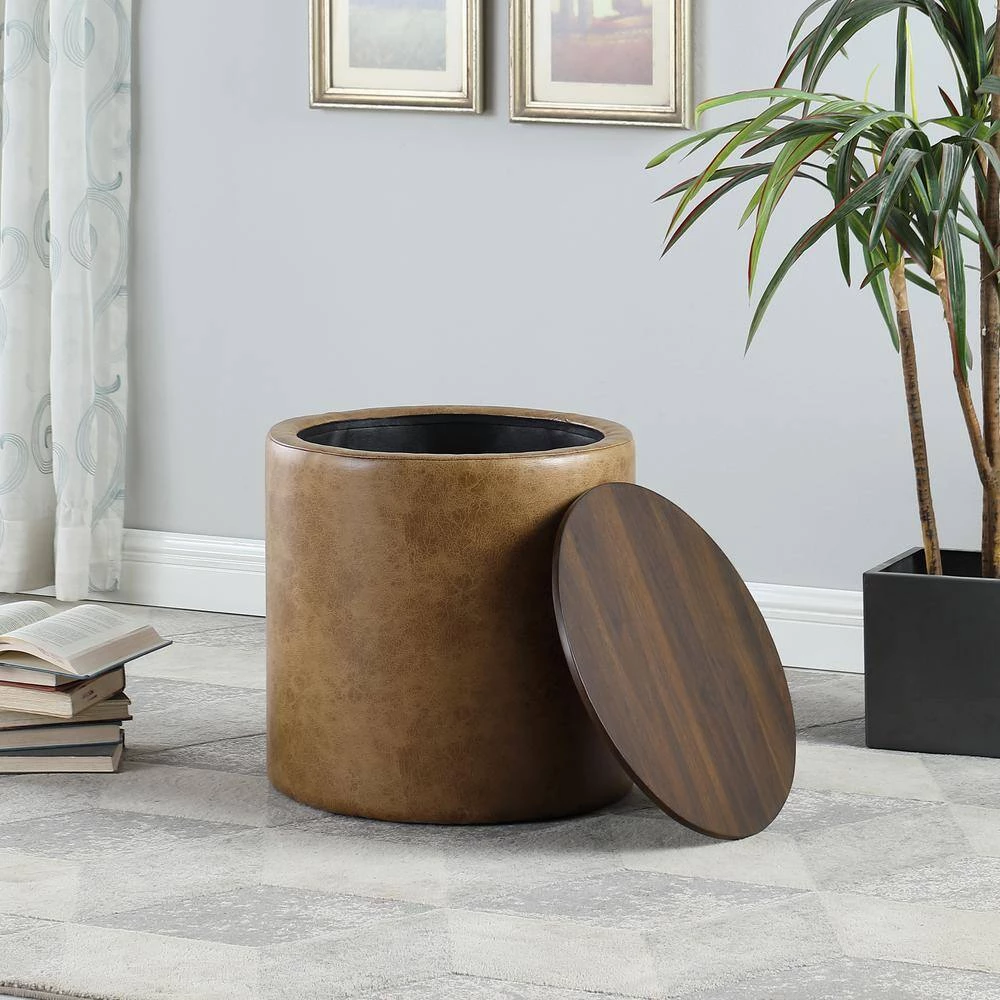 Light Brown Vegan Faux Leather with Wood Top Storage Ottoman by Homepop 5 Light Brown Vegan Faux Leather with Wood Top Storage Ottoman by Homepop - Image 5