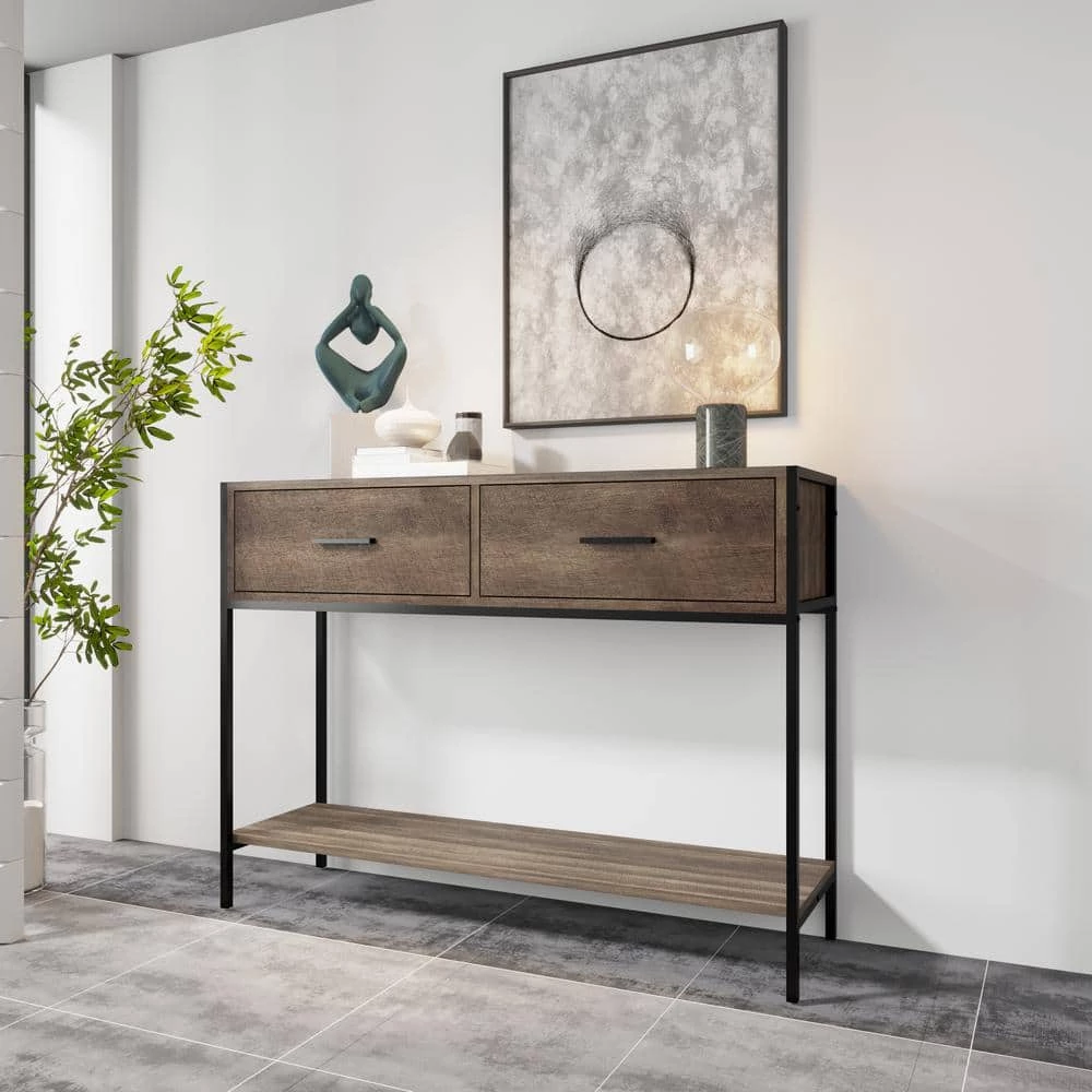 39.37 in. Classic Natural Rectangle Wood Console Table with 2-Drawers and Open Shelf for Entryway, Living Room, Hallway by Aoibox 1 39.37 in. Classic Natural Rectangle Wood Console Table with 2-Drawers and Open Shelf for Entryway, Living Room, Hallway by Aoibox
