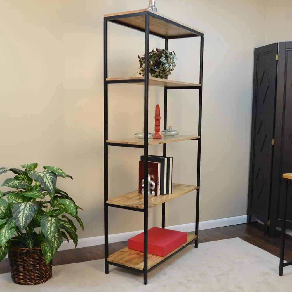 72 in. Natural/Black Metal 5-shelf Etagere Bookcase with Open Back by Carolina Cottage 3 72 in. Natural/Black Metal 5-shelf Etagere Bookcase with Open Back by Carolina Cottage - Image 3