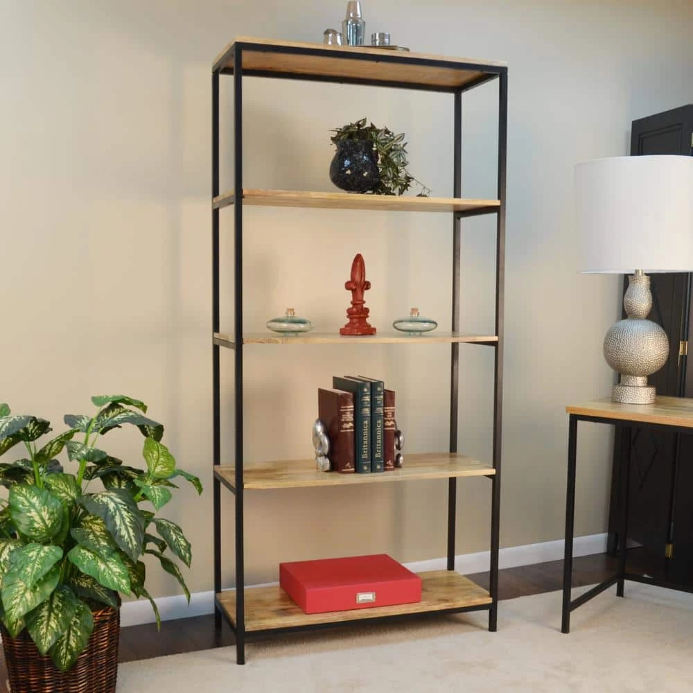 72 in. Natural/Black Metal 5-shelf Etagere Bookcase with Open Back by Carolina Cottage 1 72 in. Natural/Black Metal 5-shelf Etagere Bookcase with Open Back by Carolina Cottage