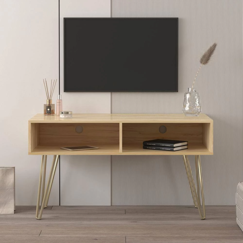 41.73 in.Oak Modern Entertainment Center Media TV Stand with Bright Gold Metal Legs and 2 shelves fits TVs up to 60 in. by Aoibox 11 41.73 in.Oak Modern Entertainment Center Media TV Stand with Bright Gold Metal Legs and 2 shelves fits TVs up to 60 in. by Aoibox - Image 11