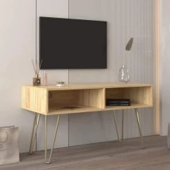 41.73 in.Oak Modern Entertainment Center Media TV Stand with Bright Gold Metal Legs and 2 shelves fits TVs up to 60 in. by Aoibox