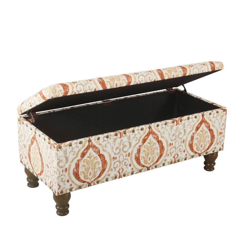 Large Rectangle Orange/Cream Medallion Bench with Storage and Nailhead Trim 18 in. Height x 42 in. Width x 18 in. Depth by Homepop 7 Large Rectangle Orange/Cream Medallion Bench with Storage and Nailhead Trim 18 in. Height x 42 in. Width x 18 in. Depth by Homepop - Image 7