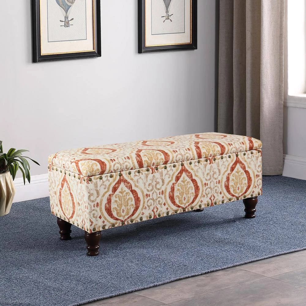 Large Rectangle Orange/Cream Medallion Bench with Storage and Nailhead Trim 18 in. Height x 42 in. Width x 18 in. Depth by Homepop 11 Large Rectangle Orange/Cream Medallion Bench with Storage and Nailhead Trim 18 in. Height x 42 in. Width x 18 in. Depth by Homepop - Image 11