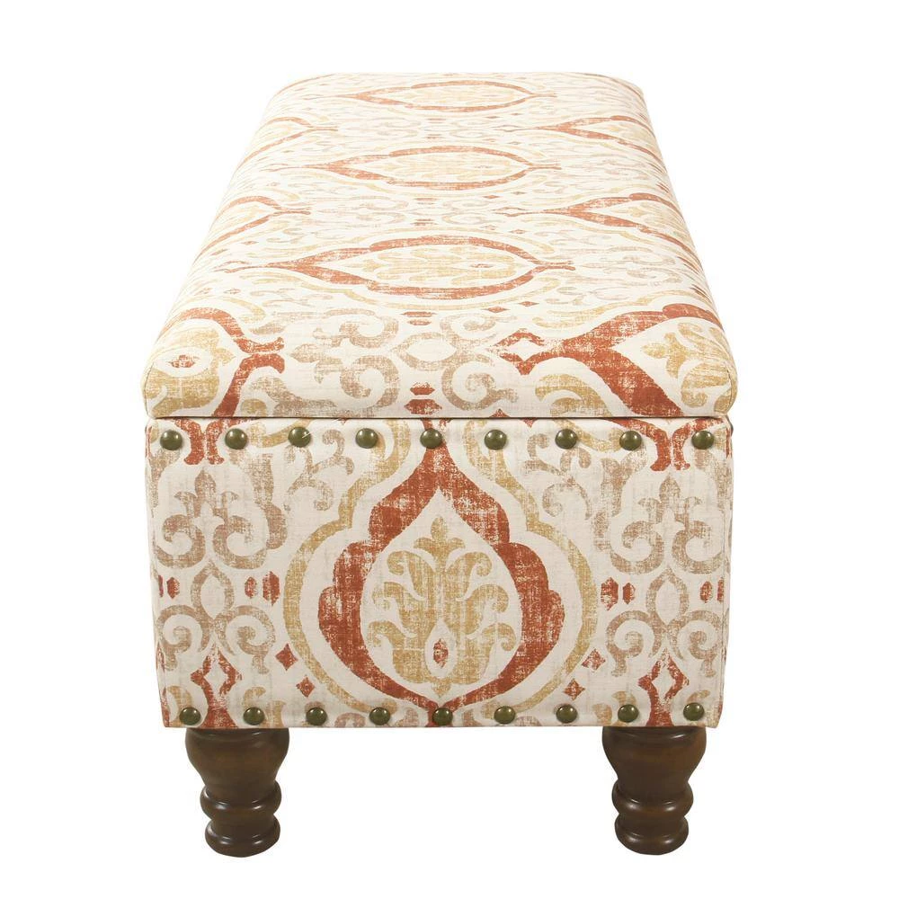 Large Rectangle Orange/Cream Medallion Bench with Storage and Nailhead Trim 18 in. Height x 42 in. Width x 18 in. Depth by Homepop 6 Large Rectangle Orange/Cream Medallion Bench with Storage and Nailhead Trim 18 in. Height x 42 in. Width x 18 in. Depth by Homepop - Image 6