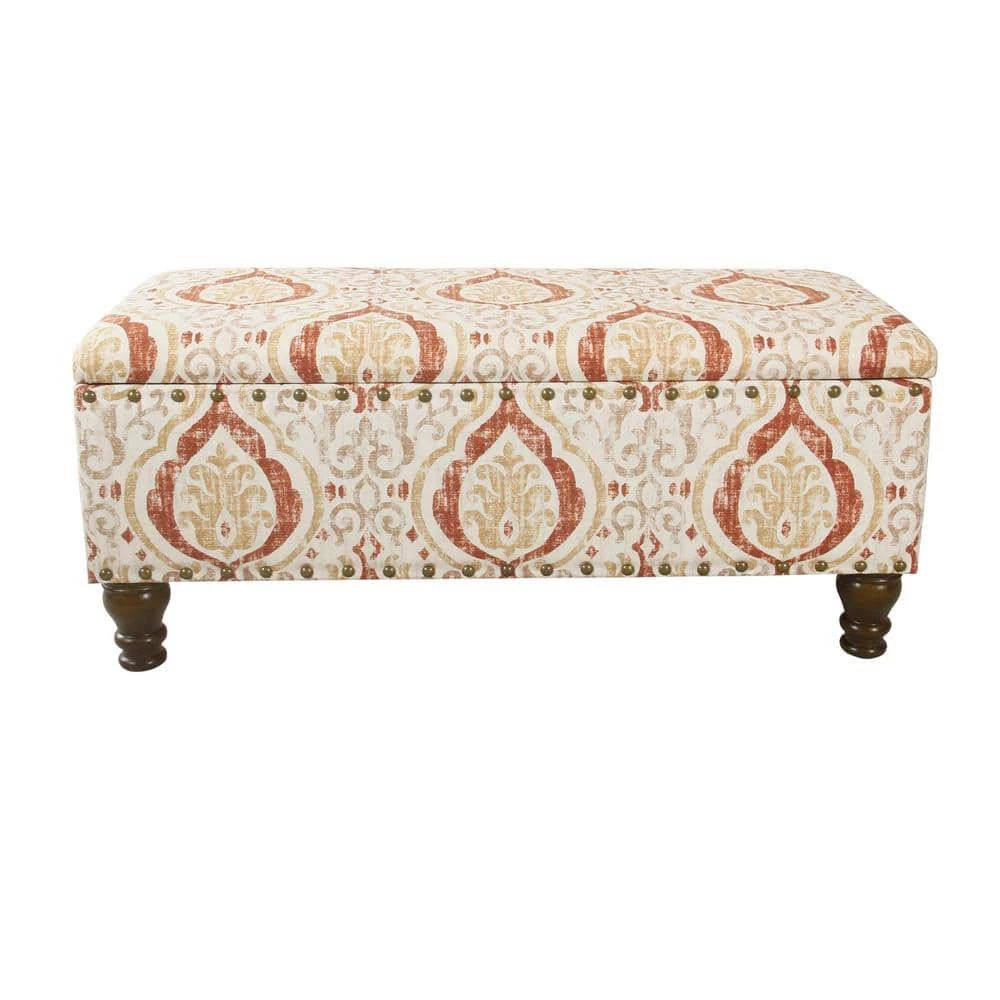 Large Rectangle Orange/Cream Medallion Bench with Storage and Nailhead Trim 18 in. Height x 42 in. Width x 18 in. Depth by Homepop 1 Large Rectangle Orange/Cream Medallion Bench with Storage and Nailhead Trim 18 in. Height x 42 in. Width x 18 in. Depth by Homepop