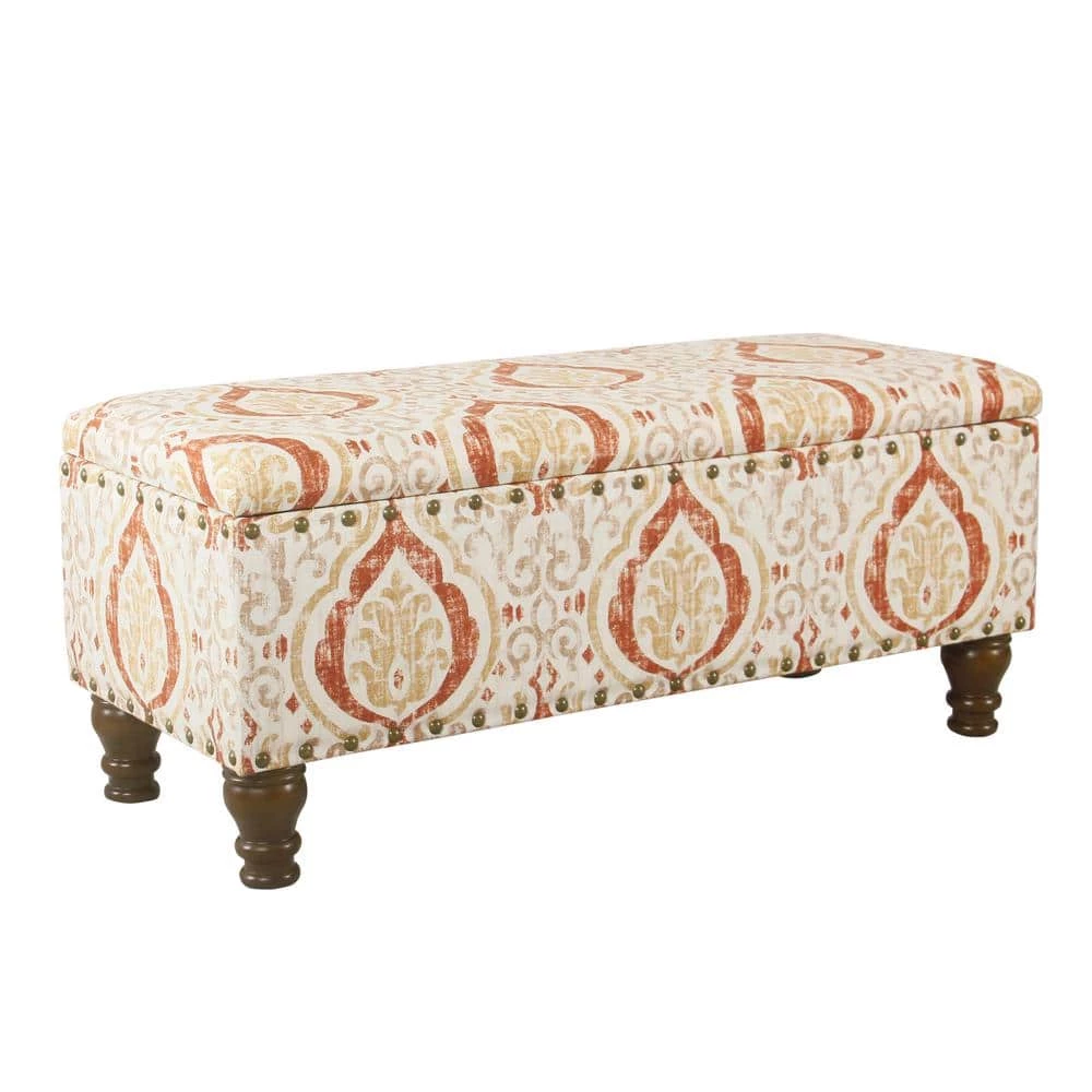 Large Rectangle Orange/Cream Medallion Bench with Storage and Nailhead Trim 18 in. Height x 42 in. Width x 18 in. Depth by Homepop 5 Large Rectangle Orange/Cream Medallion Bench with Storage and Nailhead Trim 18 in. Height x 42 in. Width x 18 in. Depth by Homepop - Image 5