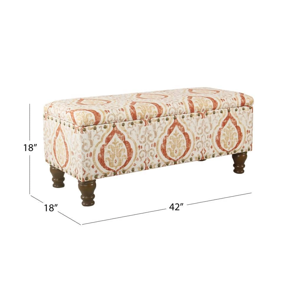 Large Rectangle Orange/Cream Medallion Bench with Storage and Nailhead Trim 18 in. Height x 42 in. Width x 18 in. Depth by Homepop 2 Large Rectangle Orange/Cream Medallion Bench with Storage and Nailhead Trim 18 in. Height x 42 in. Width x 18 in. Depth by Homepop - Image 2