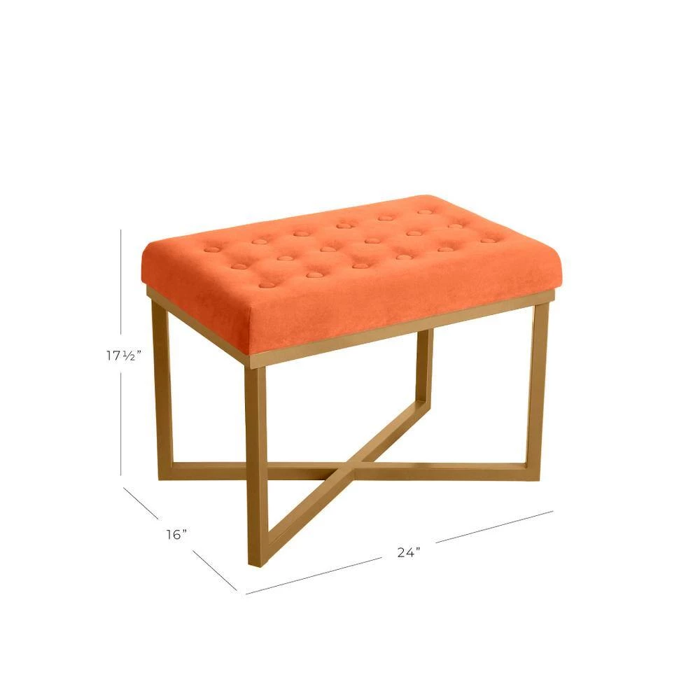 Orange Tufted Velvet with Gold Metal Frame Ottoman by Homepop 2 Orange Tufted Velvet with Gold Metal Frame Ottoman by Homepop - Image 2