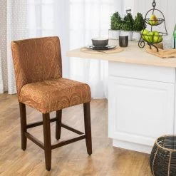 Red Gold Damask Upholstery 29 in. Bar Height Barstool by Homepop -Homepop Sales red gold damask homepop bar stools k6858 24 f765 31 1000