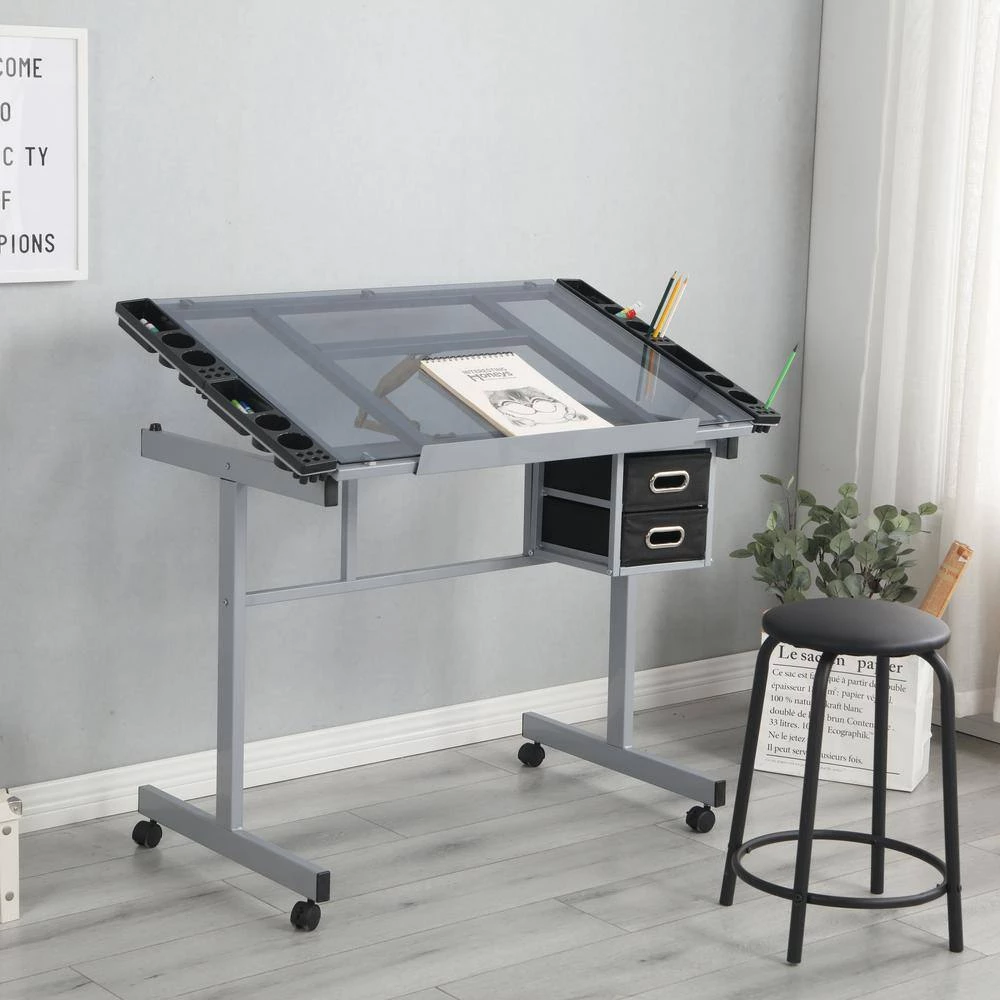 40.00 in. Rectangular Silver Metal Adjustable Tempered Glass Standing Drawing Desk with 2 Slide Drawers and 4 Wheels by Aoibox 5 40.00 in. Rectangular Silver Metal Adjustable Tempered Glass Standing Drawing Desk with 2 Slide Drawers and 4 Wheels by Aoibox - Image 5