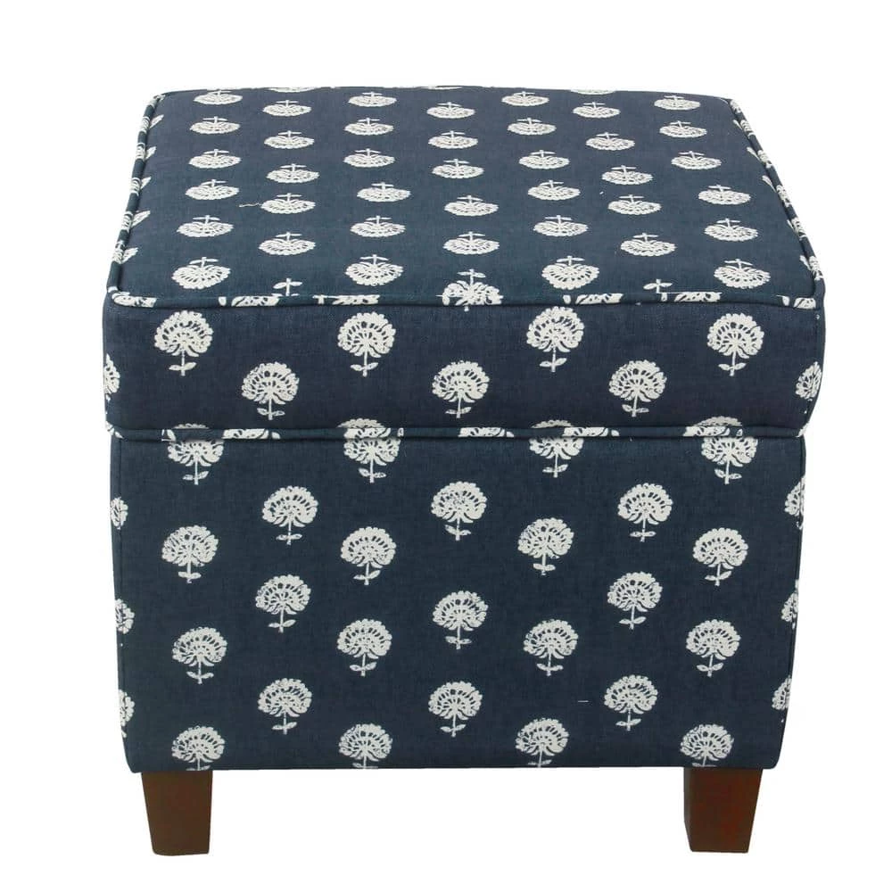 Navy and White Small Floral Cube Storage Ottoman by Homepop 1 Navy and White Small Floral Cube Storage Ottoman by Homepop