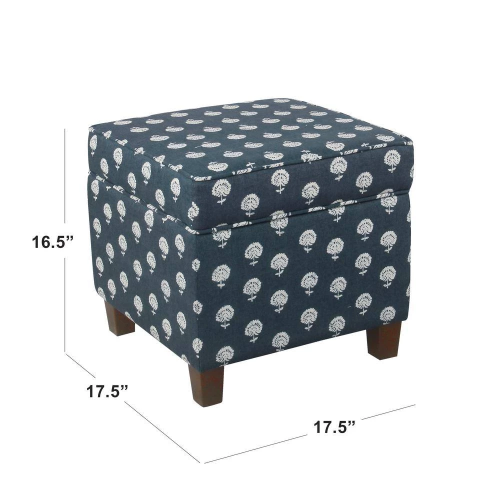 Navy and White Small Floral Cube Storage Ottoman by Homepop 2 Navy and White Small Floral Cube Storage Ottoman by Homepop - Image 2