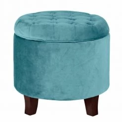 Teal Velvet Tufted Round Ottoman with Storage 18 in. H x 19 in. W by Homepop