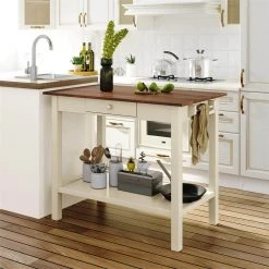 42 in. Walnut Solid Wood Kitchen Island with Cream White Legs, Drawer and Towel Rack for Small Place by Aoibox