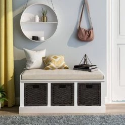 17''H X 43.7''W X 15.7''D Rustic Storage Bench with 3 Removable Classic Rattan Basket, Removable Cushion in White by Aoibox 13 17''H X 43.7''W X 15.7''D Rustic Storage Bench with 3 Removable Classic Rattan Basket, Removable Cushion in White by Aoibox -Homepop Sales white aoibox bedroom benches snmx232 40 1000