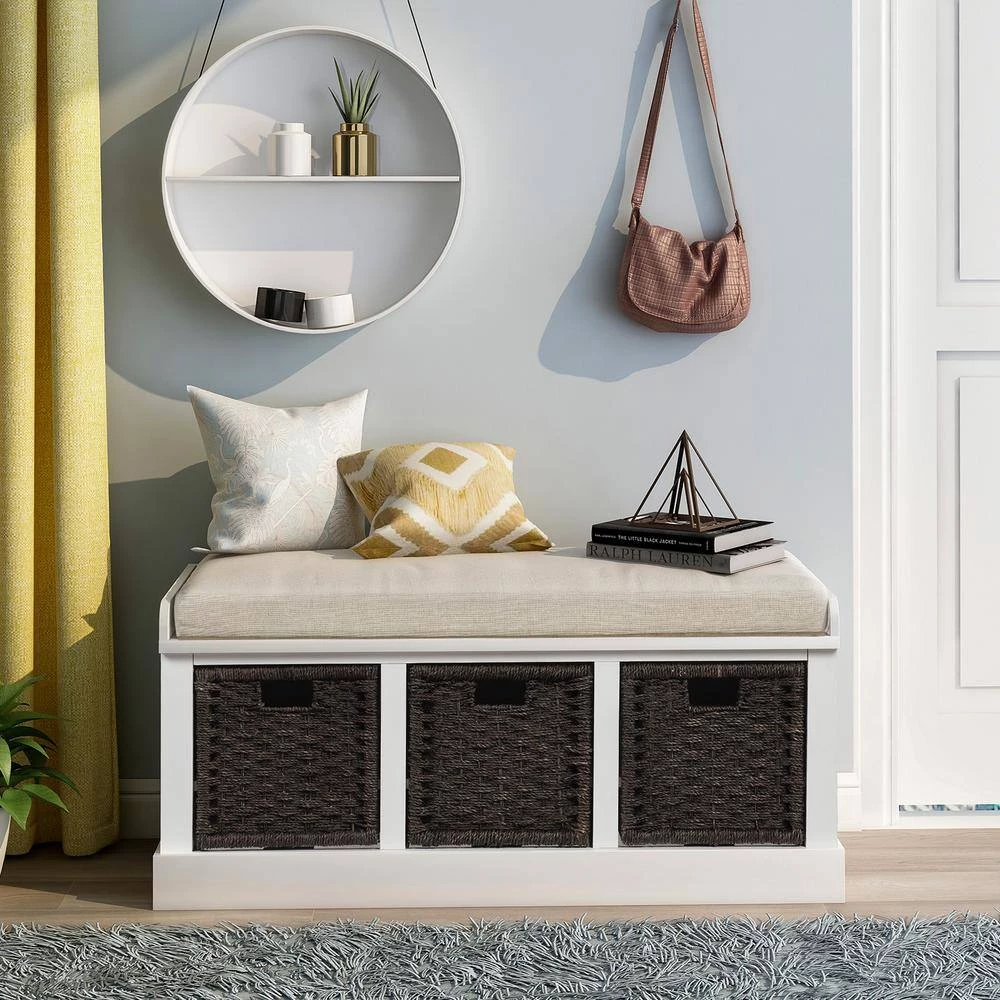 17''H X 43.7''W X 15.7''D Rustic Storage Bench with 3 Removable Classic Rattan Basket, Removable Cushion in White by Aoibox 3 17''H X 43.7''W X 15.7''D Rustic Storage Bench with 3 Removable Classic Rattan Basket, Removable Cushion in White by Aoibox - Image 3