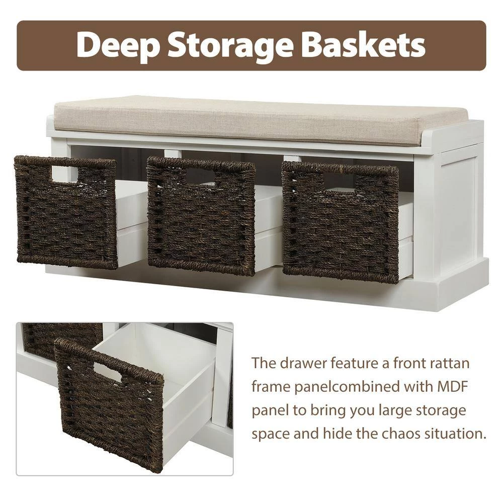 17''H X 43.7''W X 15.7''D Rustic Storage Bench with 3 Removable Classic Rattan Basket, Removable Cushion in White by Aoibox 7 17''H X 43.7''W X 15.7''D Rustic Storage Bench with 3 Removable Classic Rattan Basket, Removable Cushion in White by Aoibox - Image 7