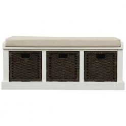 17''H X 43.7''W X 15.7''D Rustic Storage Bench with 3 Removable Classic Rattan Basket, Removable Cushion in White by Aoibox