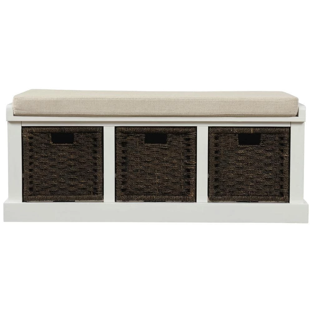 17''H X 43.7''W X 15.7''D Rustic Storage Bench with 3 Removable Classic Rattan Basket, Removable Cushion in White by Aoibox 1 17''H X 43.7''W X 15.7''D Rustic Storage Bench with 3 Removable Classic Rattan Basket, Removable Cushion in White by Aoibox