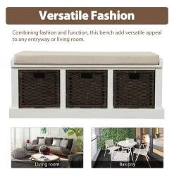 17''H X 43.7''W X 15.7''D Rustic Storage Bench with 3 Removable Classic Rattan Basket, Removable Cushion in White by Aoibox 16 17''H X 43.7''W X 15.7''D Rustic Storage Bench with 3 Removable Classic Rattan Basket, Removable Cushion in White by Aoibox -Homepop Sales white aoibox bedroom benches snmx232 c3 1000