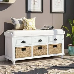 18.7''HX42.1''W X15.4''D White Rustic Storage Bench with 3 Drawers, 3 Rattan Baskets, Shoe Bench for Living Room by Aoibox 21 18.7''HX42.1''W X15.4''D White Rustic Storage Bench with 3 Drawers, 3 Rattan Baskets, Shoe Bench for Living Room by Aoibox -Homepop Sales white aoibox bedroom benches snmx240 31 1000