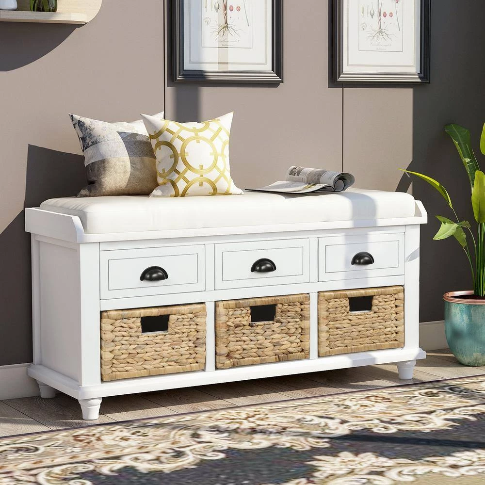 18.7''HX42.1''W X15.4''D White Rustic Storage Bench with 3 Drawers, 3 Rattan Baskets, Shoe Bench for Living Room by Aoibox 11 18.7''HX42.1''W X15.4''D White Rustic Storage Bench with 3 Drawers, 3 Rattan Baskets, Shoe Bench for Living Room by Aoibox - Image 11