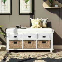 18.7''HX42.1''W X15.4''D White Rustic Storage Bench with 3 Drawers, 3 Rattan Baskets, Shoe Bench for Living Room by Aoibox 13 18.7''HX42.1''W X15.4''D White Rustic Storage Bench with 3 Drawers, 3 Rattan Baskets, Shoe Bench for Living Room by Aoibox -Homepop Sales white aoibox bedroom benches snmx240 40 1000