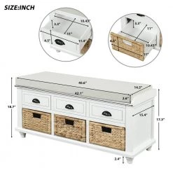 18.7''HX42.1''W X15.4''D White Rustic Storage Bench with 3 Drawers, 3 Rattan Baskets, Shoe Bench for Living Room by Aoibox 16 18.7''HX42.1''W X15.4''D White Rustic Storage Bench with 3 Drawers, 3 Rattan Baskets, Shoe Bench for Living Room by Aoibox -Homepop Sales white aoibox bedroom benches snmx240 4f 1000