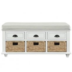 18.7''HX42.1''W X15.4''D White Rustic Storage Bench with 3 Drawers, 3 Rattan Baskets, Shoe Bench for Living Room by Aoibox